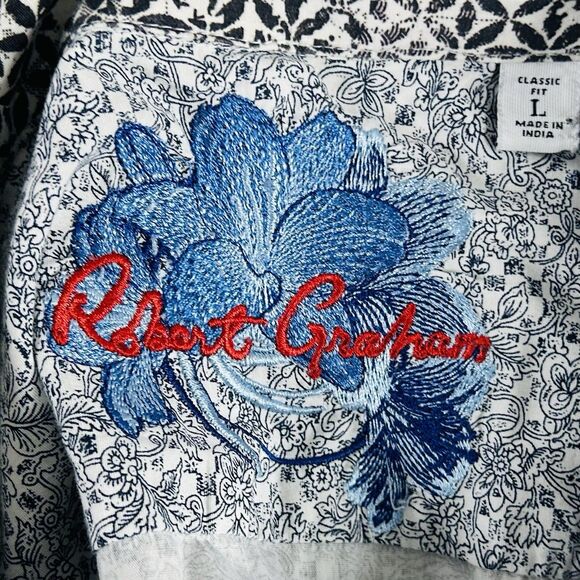Robert Graham Large Classic Fit Flip Cuff Shirt Floral Blue White 100% Cotton - Picture 3 of 5